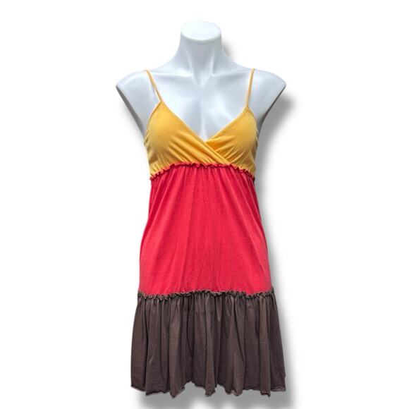 Energie Babydoll Mini Dress Sz S Color Block Tiered V Neck Jersey Y2K Boho Soft - Picture 1 of 5